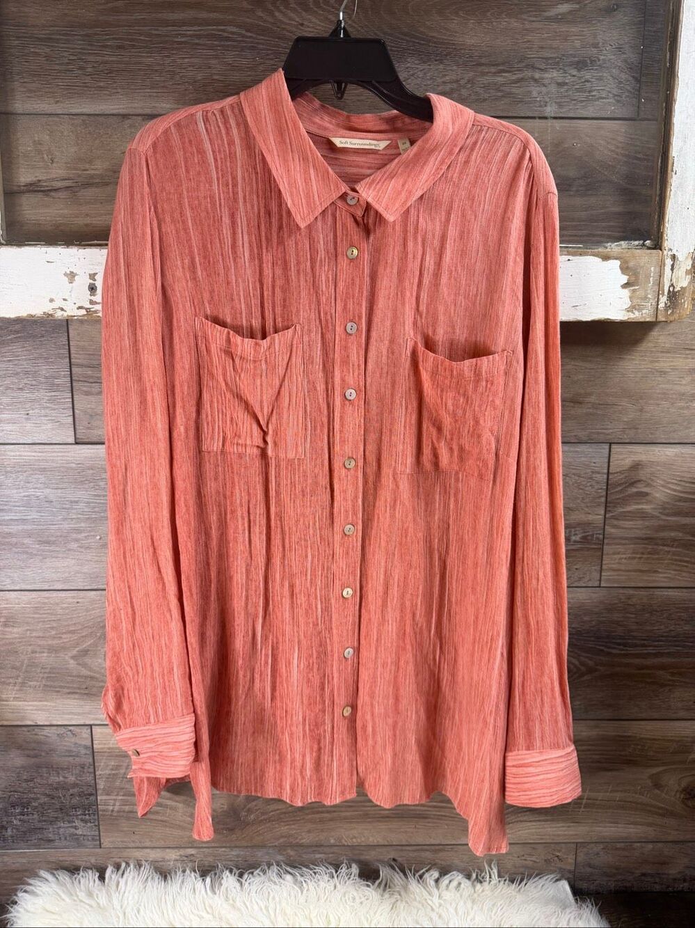 Soft Surroundings 2X Coral Button Front Long Sleeve Blouse Oversized Pockets